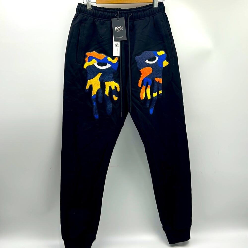 NWT ROKU STUDIO MENS SIZE SMALL TEAR DROP EYES BLACK FLEECE SWEATPANTS